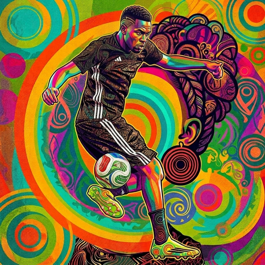 Illustration graphique d'un footballeur, inspirée des motifs ivoiriens.